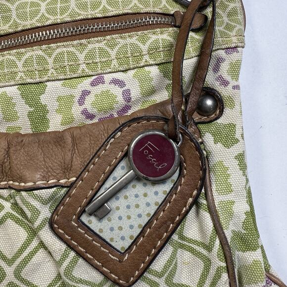 Fossil Crossbody Boho Purse Canvas Leather Trim Weekender Bag Green Floral Brass - Picture 2 of 12